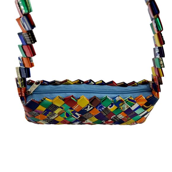 Candy Wrapper Recycled Purse Bright Color Zig Zag Strap Zip Close Baguette Y2K - Picture 3 of 5